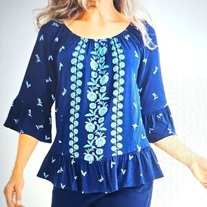 NWT Style & Co. Petite Printed Ruffled Top Scoop Neck 3/4 Sleeved Large Blue PL